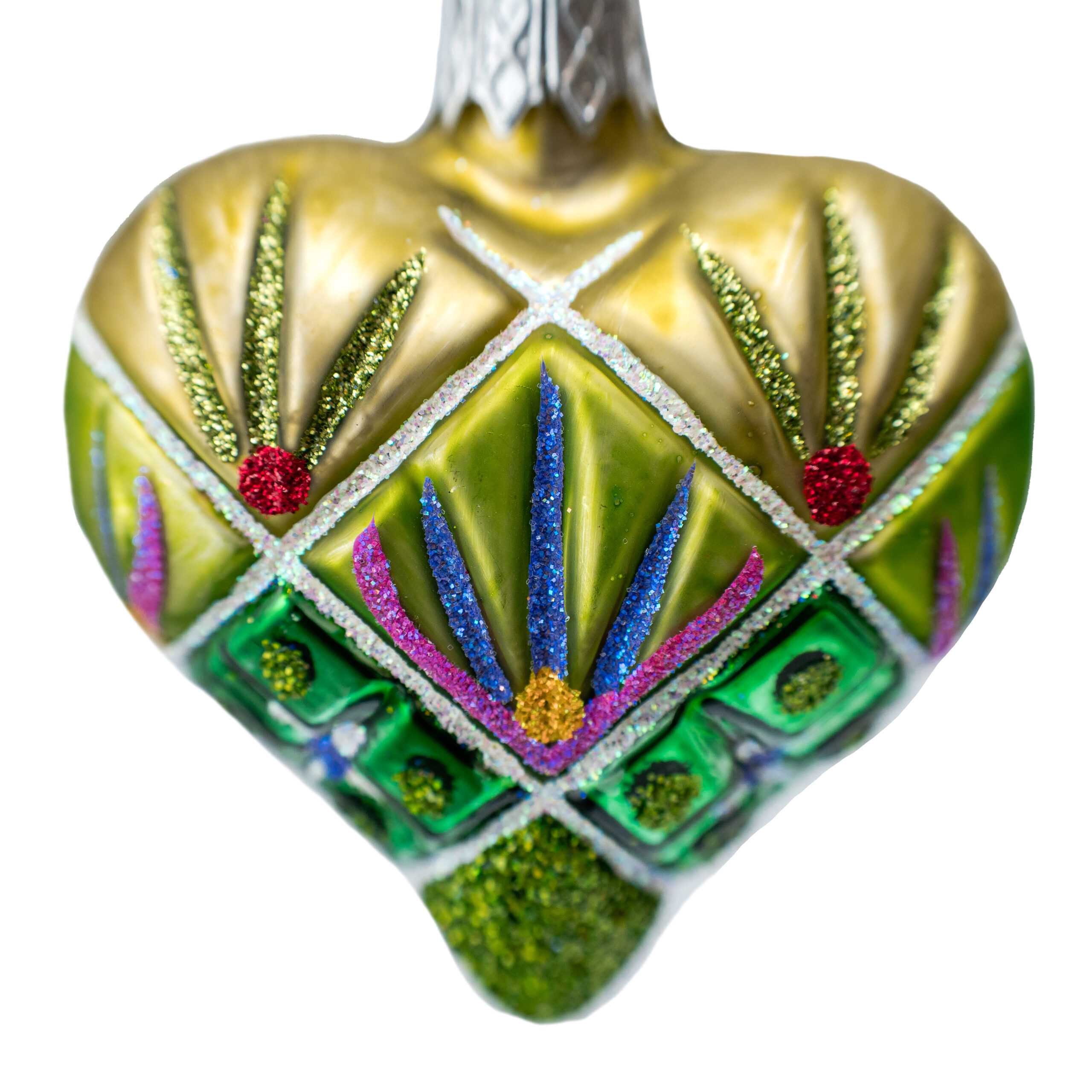 Hand-painted green glass heart Christmas ornament with gold and colorful decorative details