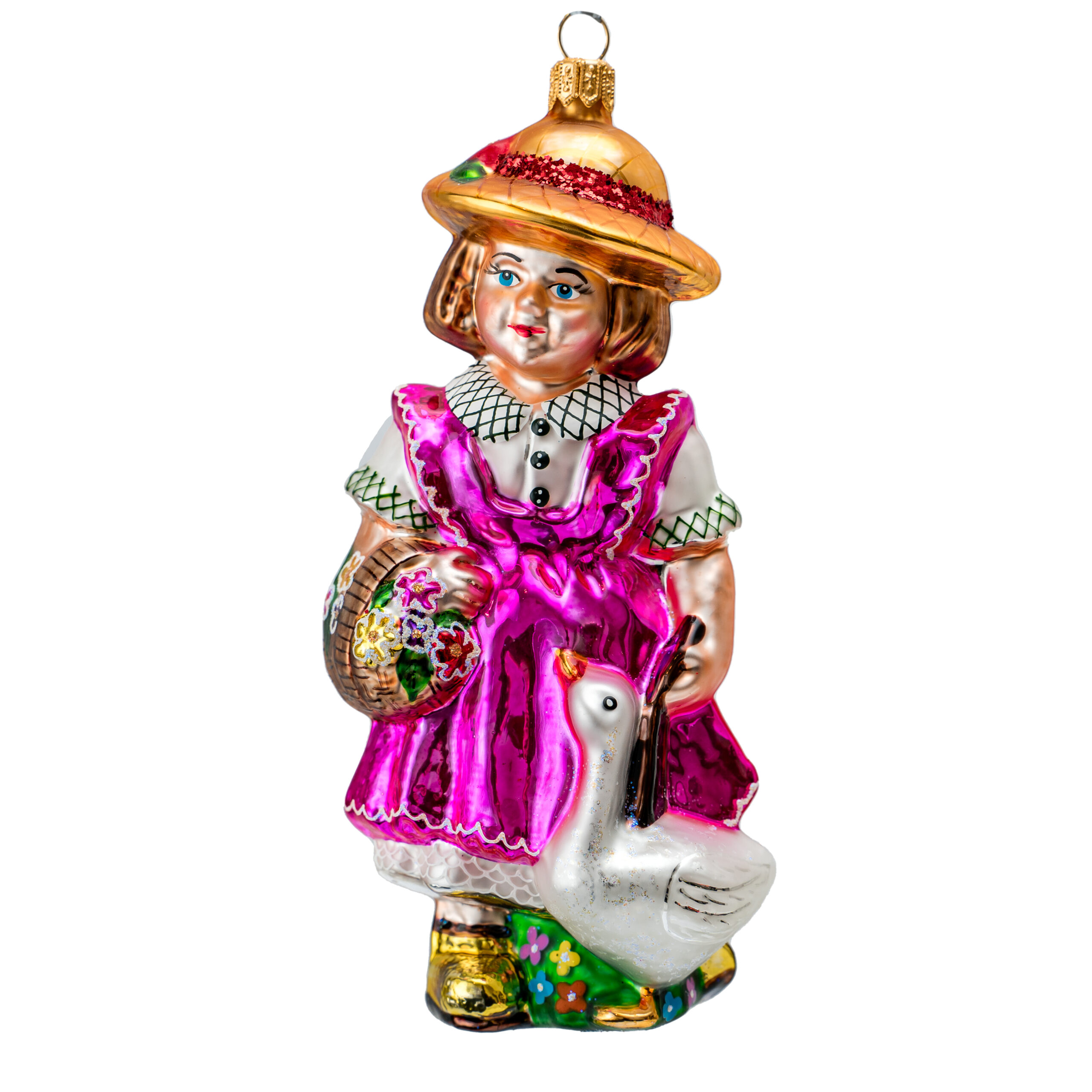 Hand-painted glass Christmas ornament depicting a girl goose herder in traditional attire