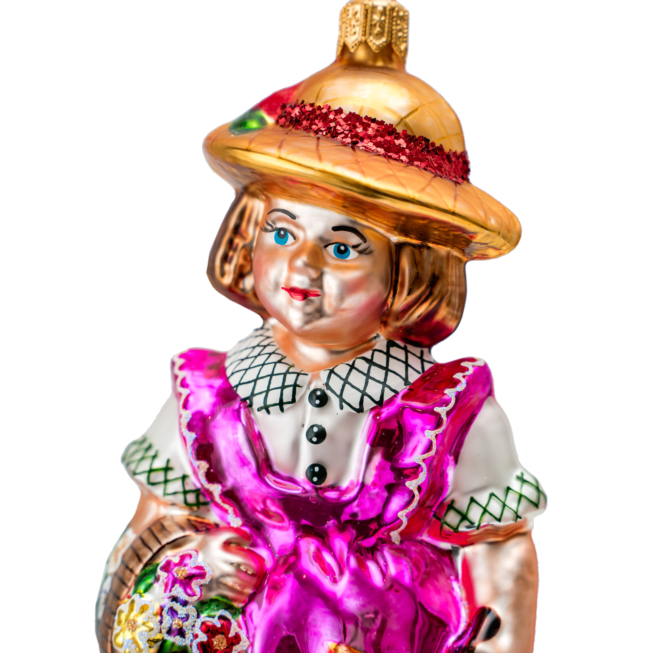 Hand-painted glass Christmas ornament depicting a girl goose herder in traditional attire