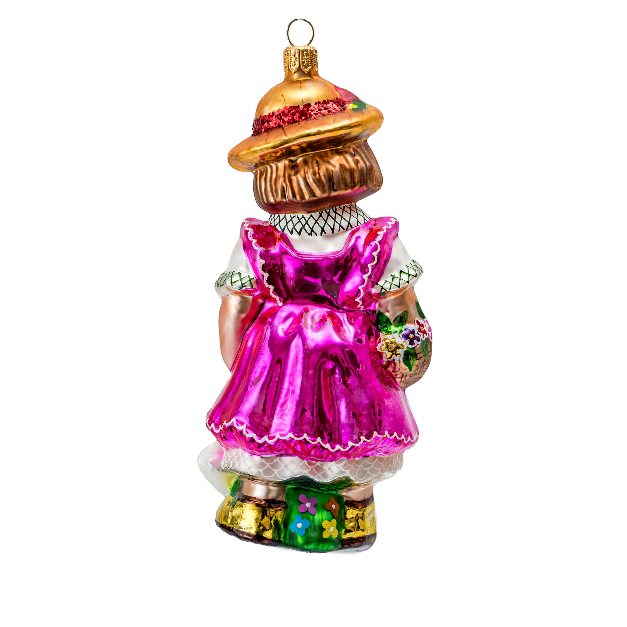 Hand-painted glass Christmas ornament depicting a girl goose herder in traditional attire