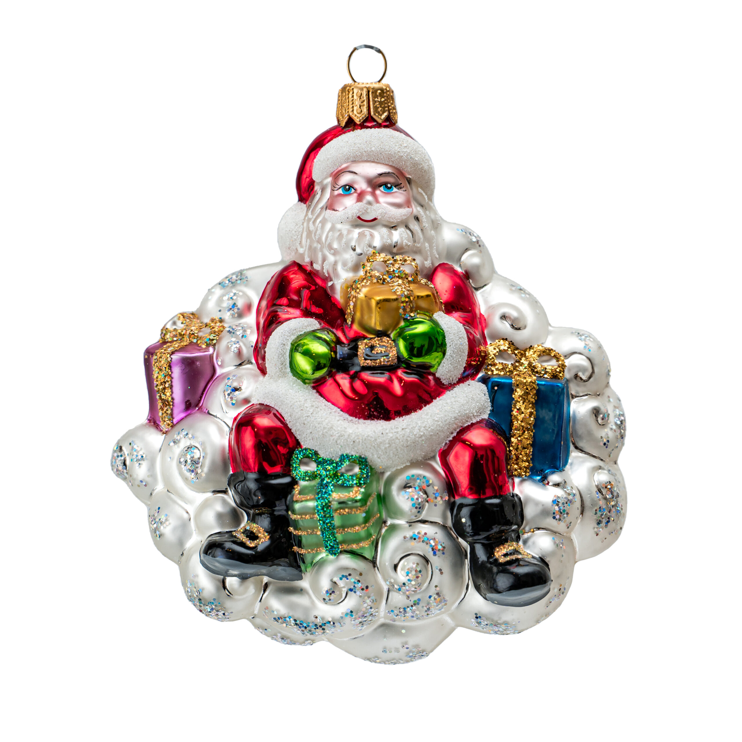 Hand-painted glass Christmas ornament depicting Santa Claus sitting on a cloud with gifts