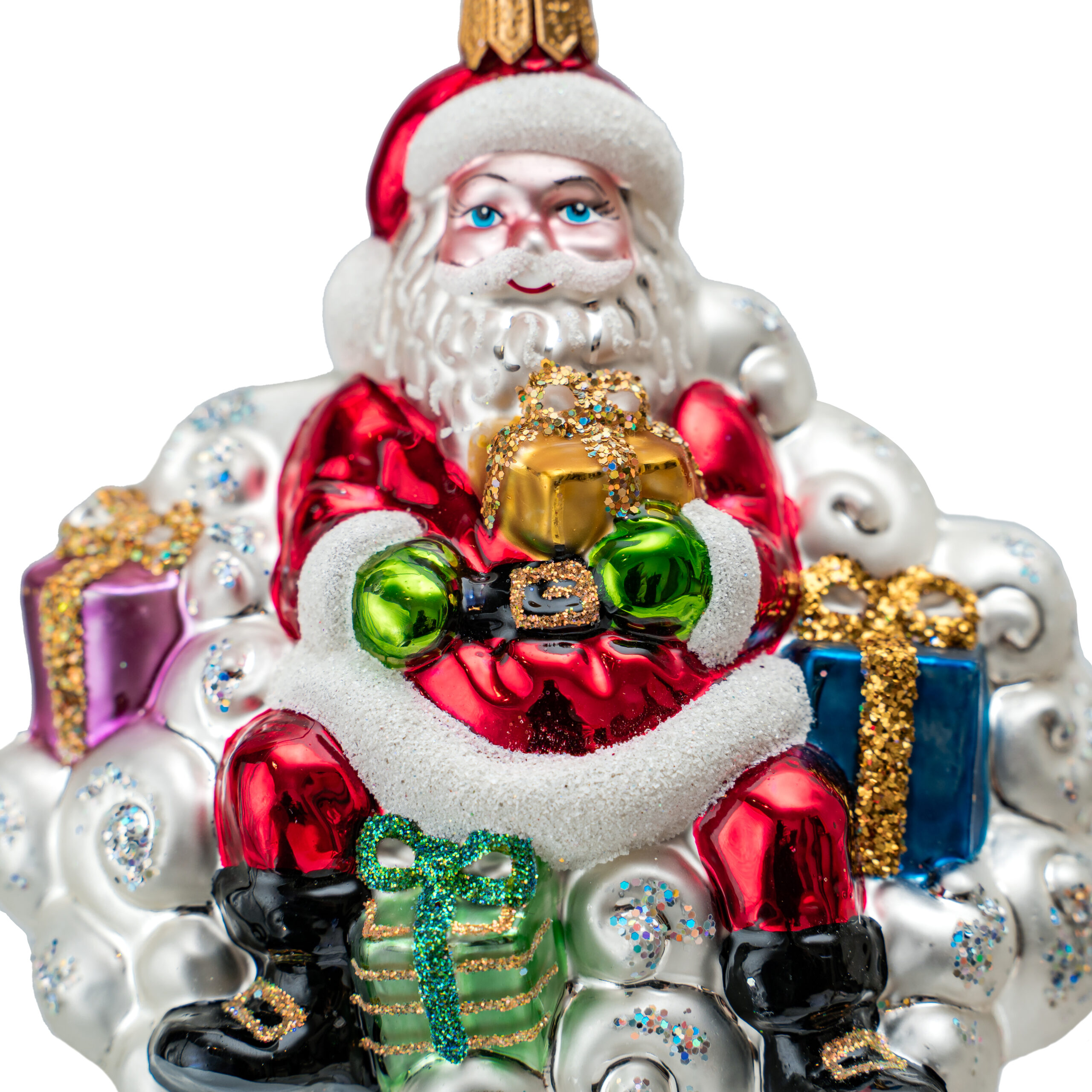 Hand-painted glass Christmas ornament depicting Santa Claus sitting on a cloud with gifts