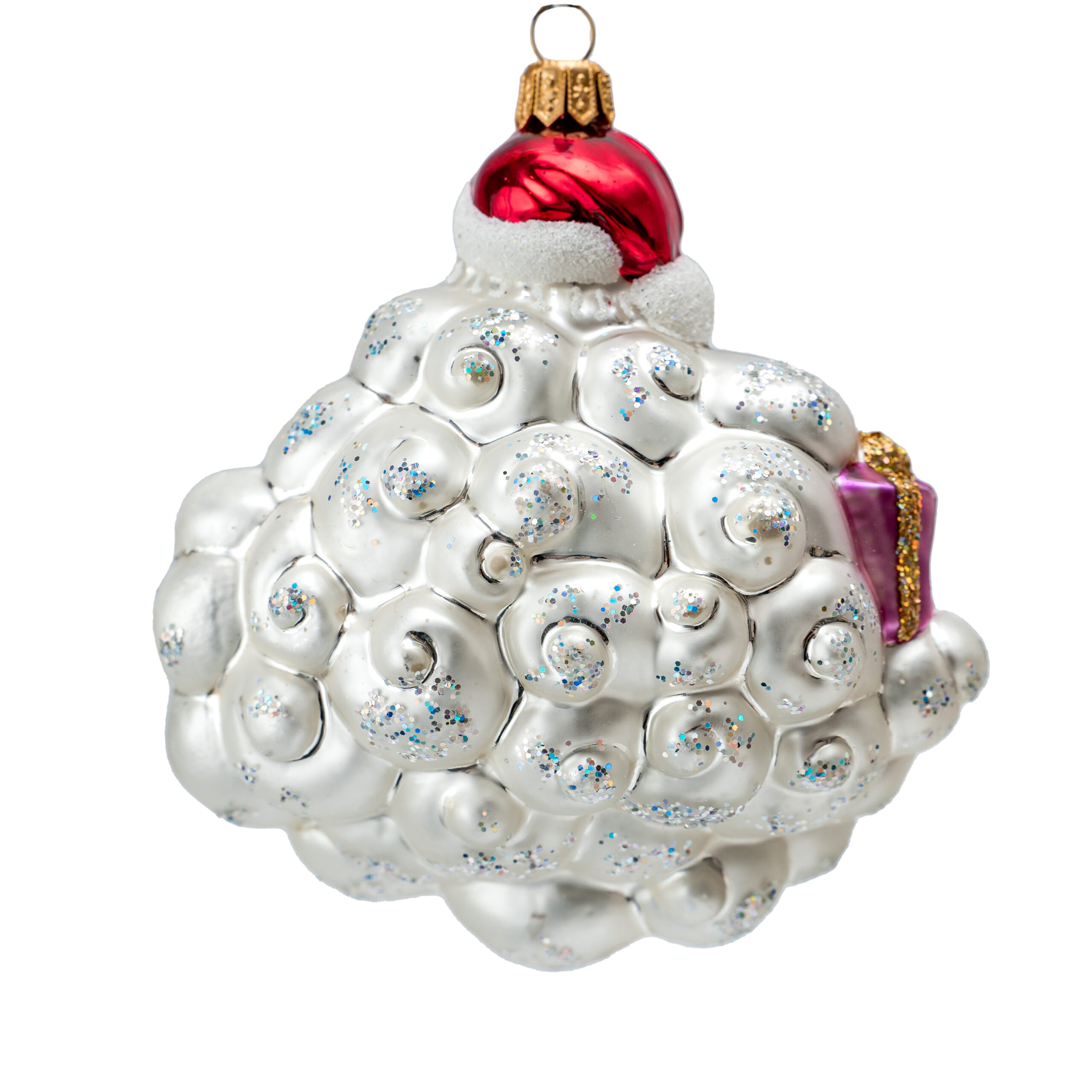 Hand-painted glass Christmas ornament depicting Santa Claus sitting on a cloud with gifts