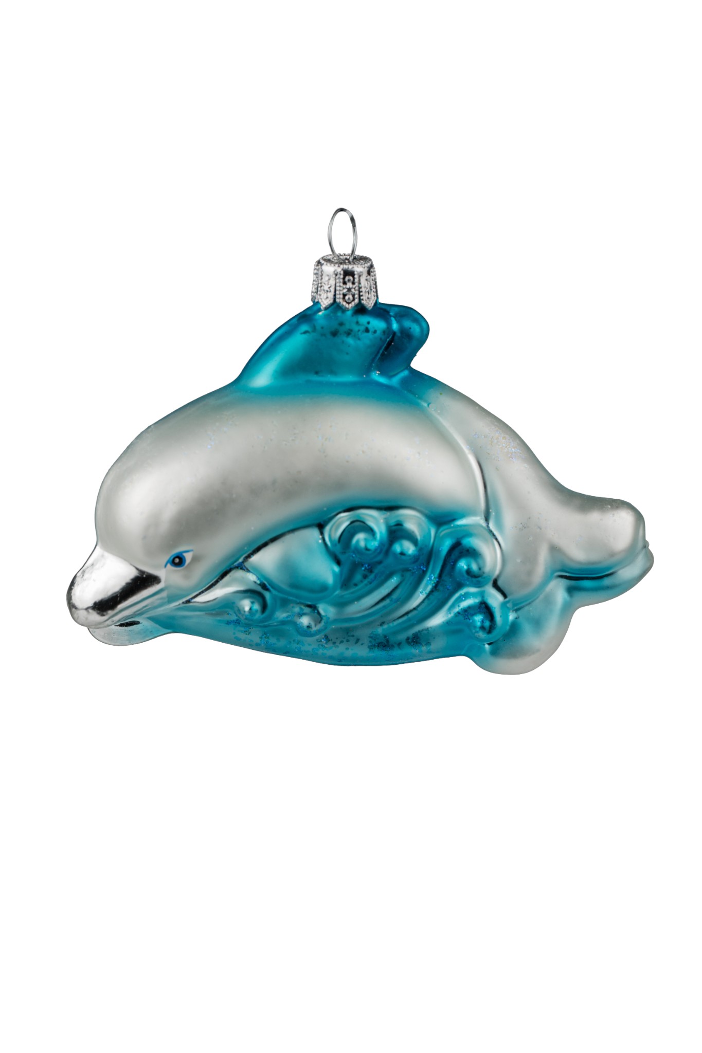 Dolphin glass Christmas ornament swimming over waves