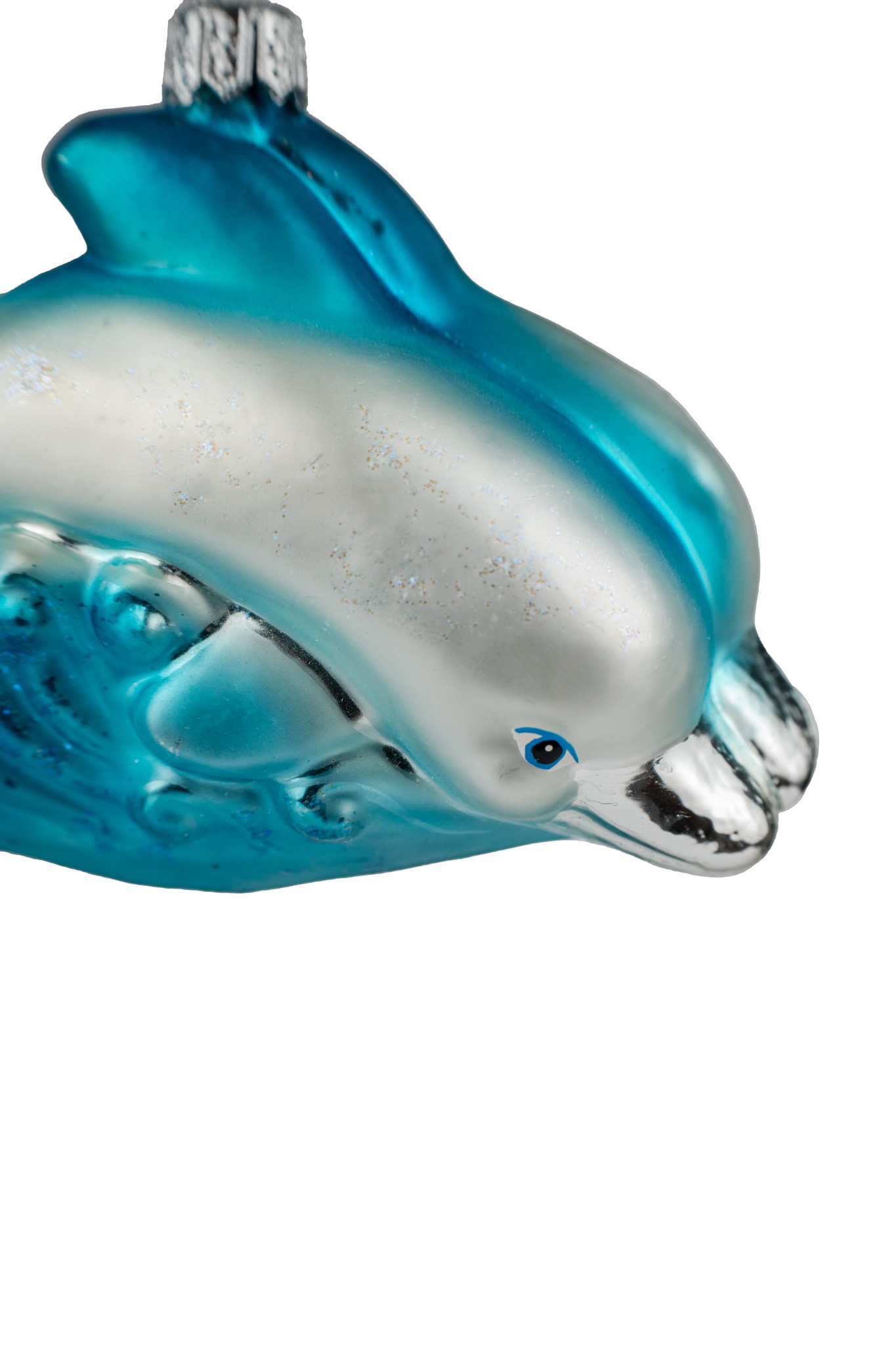 Dolphin glass Christmas ornament swimming over waves