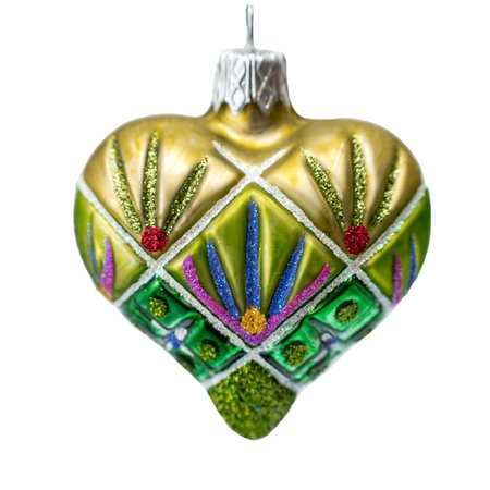Hand-painted green glass heart Christmas ornament with gold and colorful decorative details
