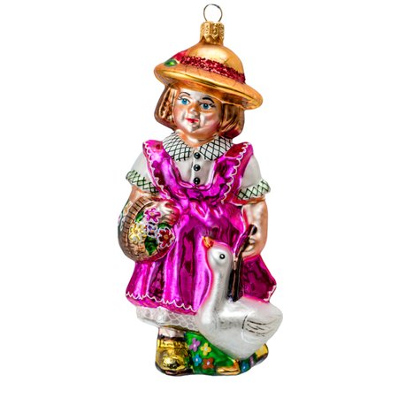 Hand-painted glass Christmas ornament depicting a girl goose herder in traditional attire