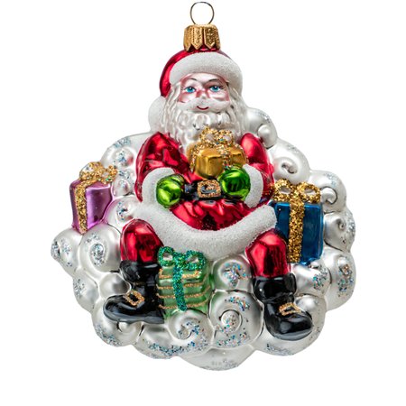 Hand-painted glass Christmas ornament depicting Santa Claus sitting on a cloud with gifts