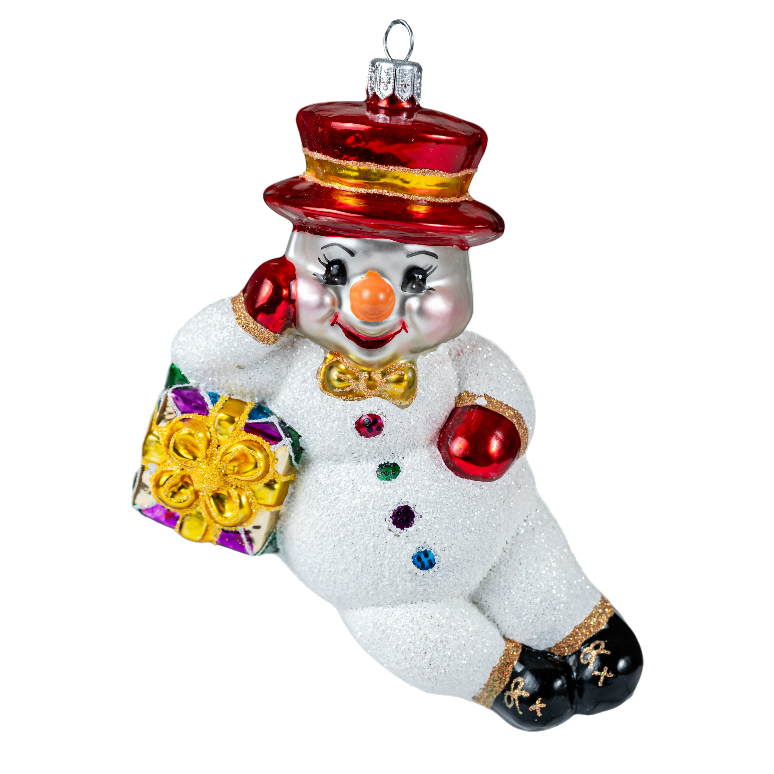 Ręcznie malowana bombka – Bałwanek podparty z paczką – Luxorna