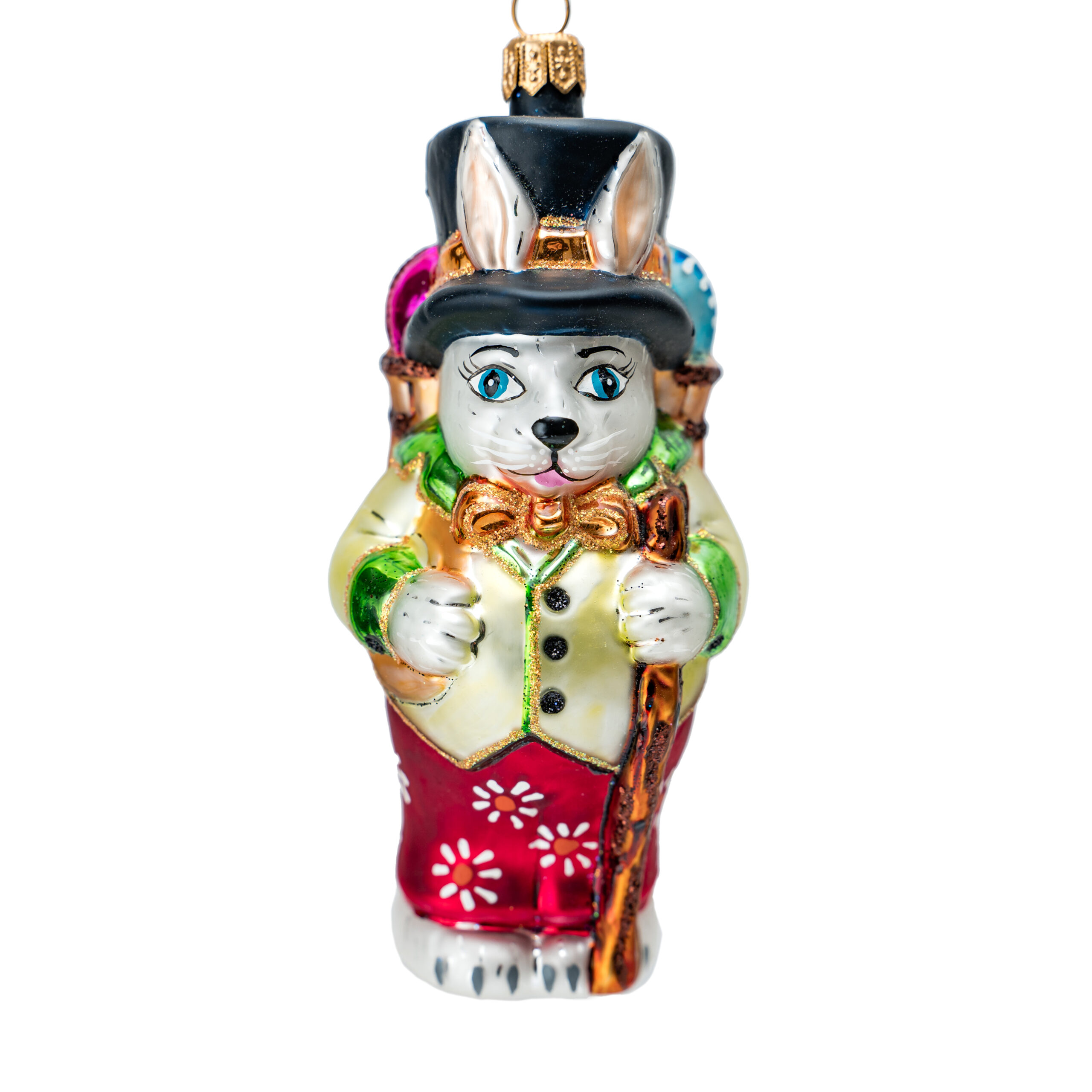 Bombka Zając z koszem – ręcznie wykonana ozdoba ze szkła – Luxorna