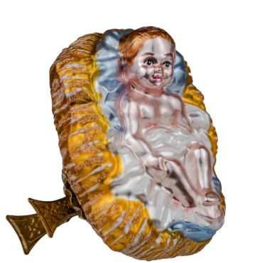 Ręcznie malowana szklana bombka Żłobek z Dzieciątkiem Jezus w żłóbku na klipsie