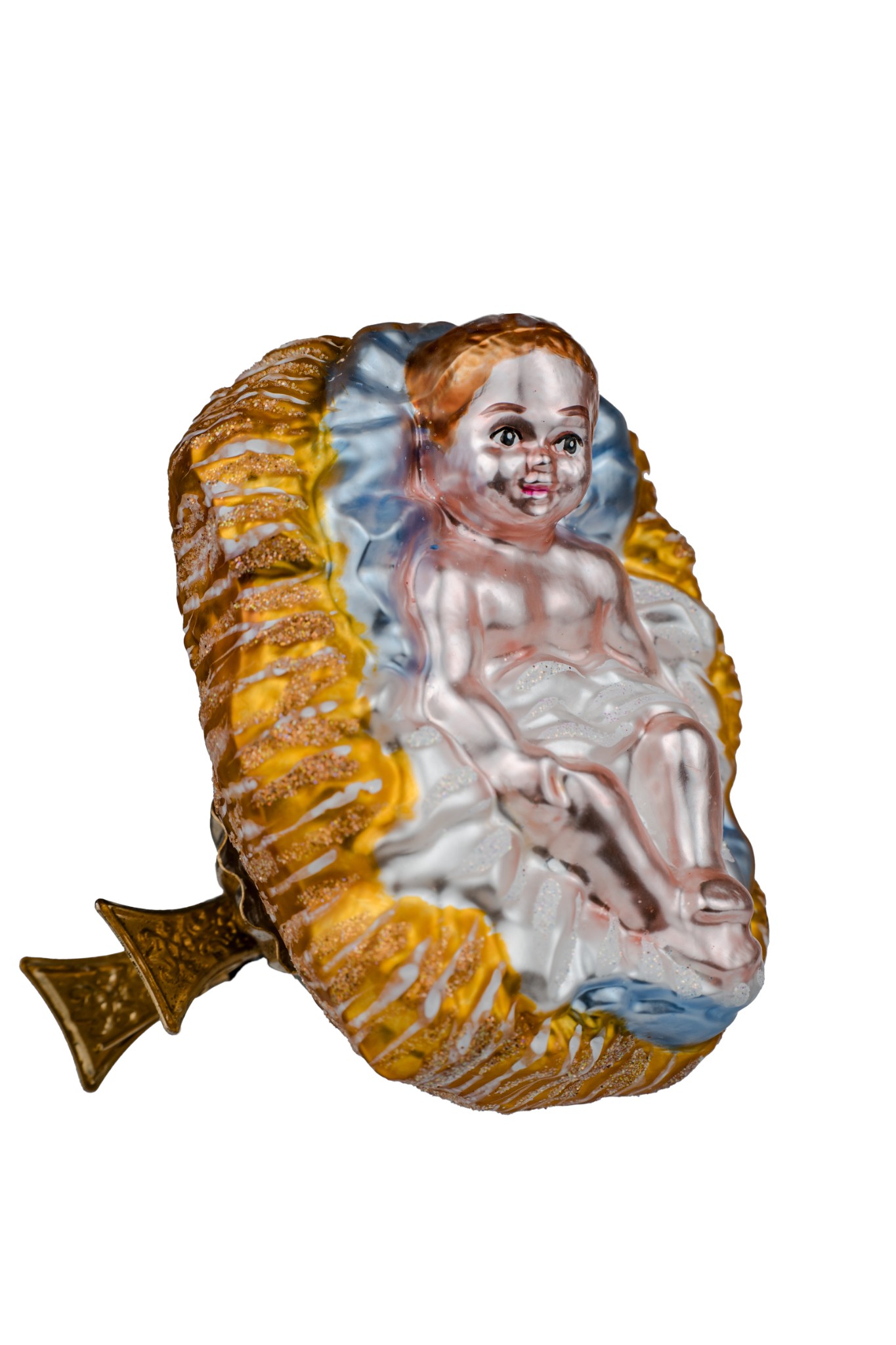 Ręcznie malowana szklana bombka Żłobek z Dzieciątkiem Jezus w żłóbku na klipsie