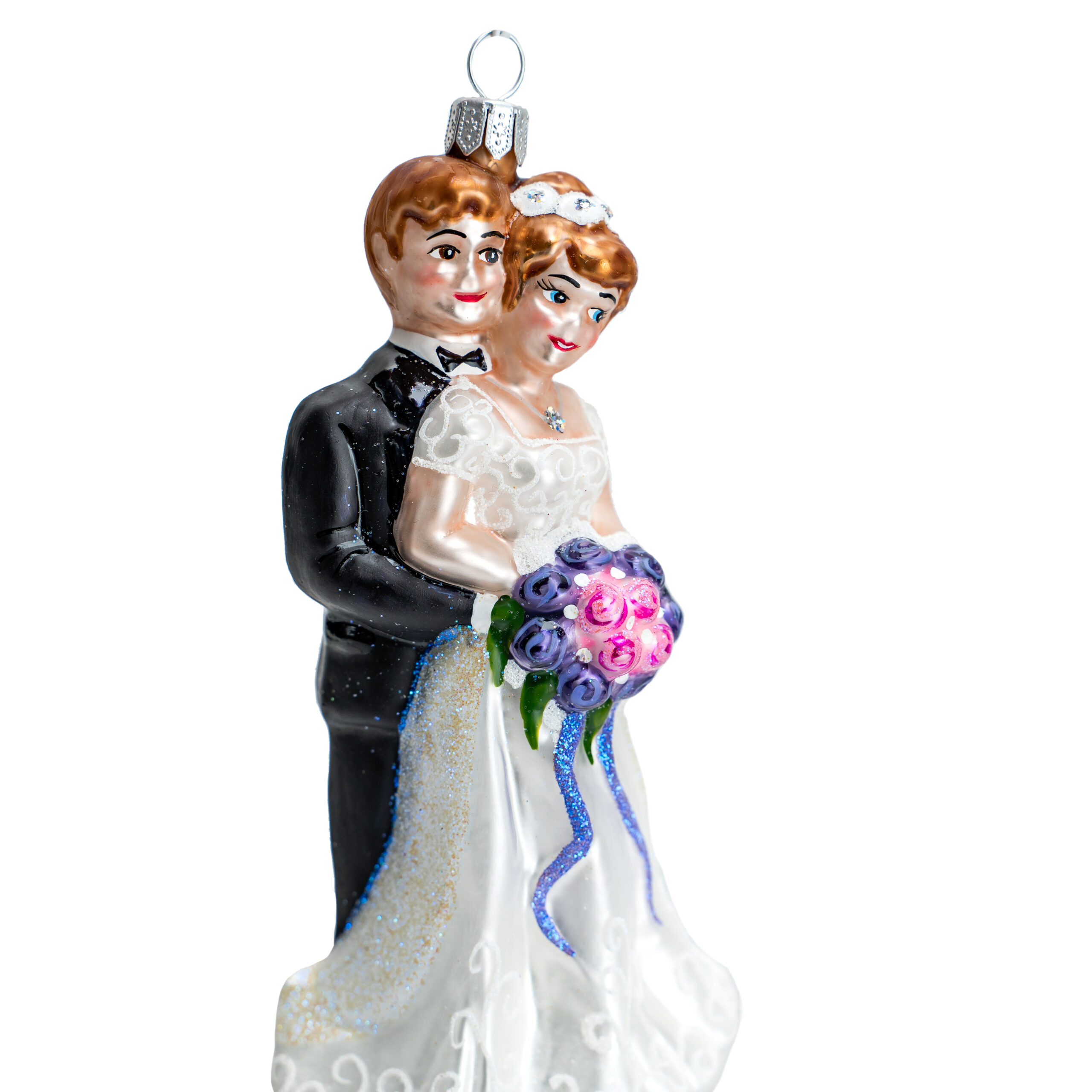 Handmade glass Christmas ornament depicting a wedding couple, bride and groom holding a purple bouquet, hand-painted with elegant details