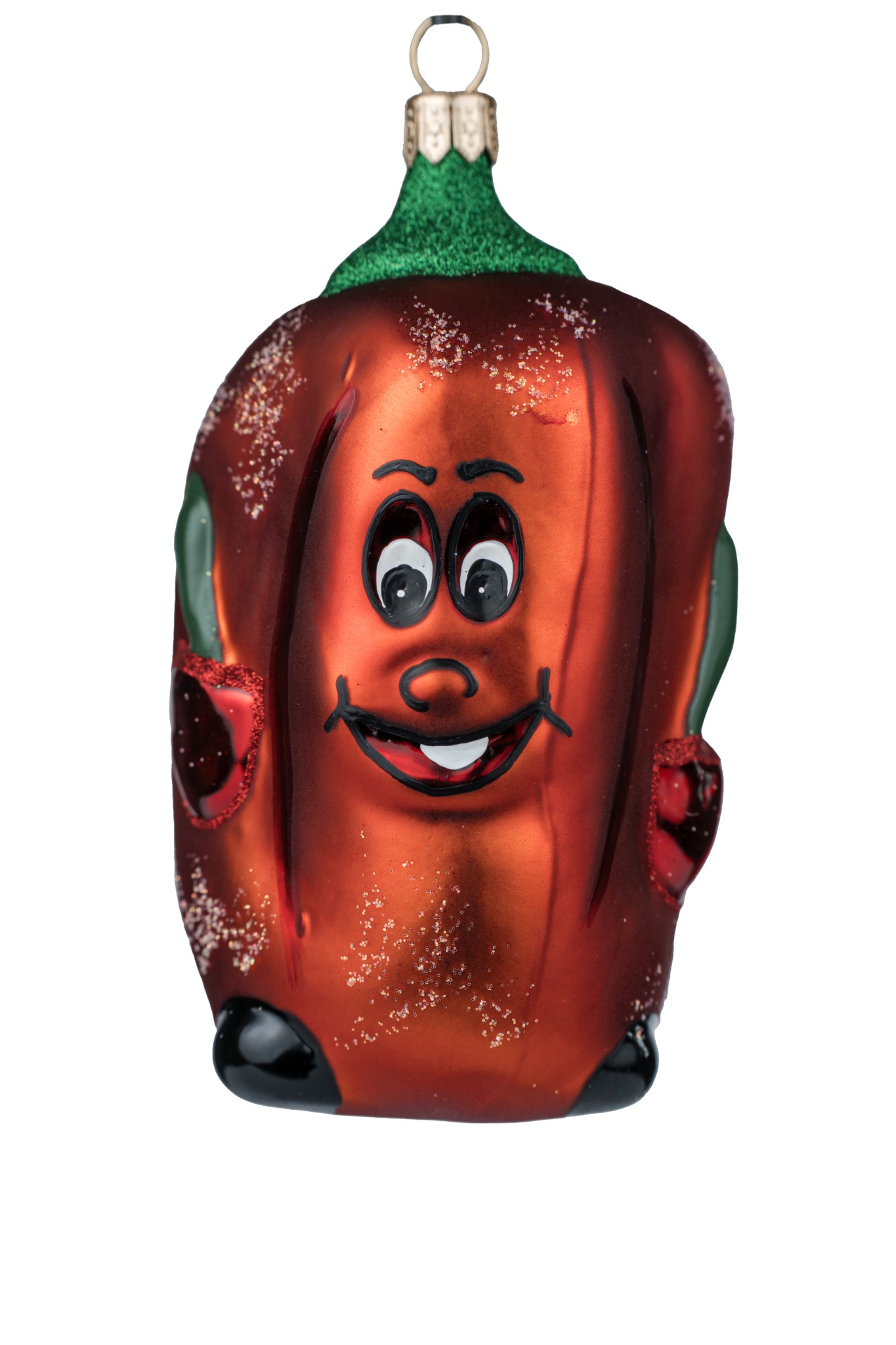 Szklana bombka Papryka – czerwona ozdoba świąteczna z zielonym ogonkiem, ręcznie malowana.